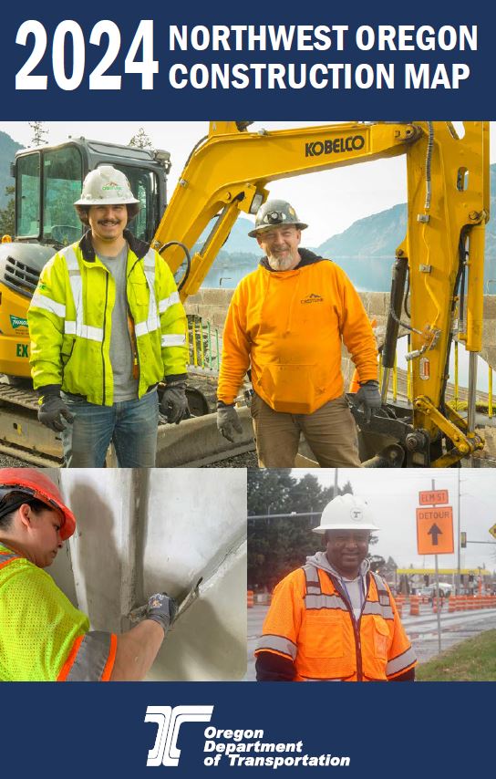 Cover of 2024 northwest Oregon construction map featuring three photos of construction workers
