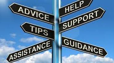 Crossroads signs pointing toward advice, tips, help and support