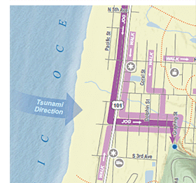 example "Beat the Wave" tsunami map showing general directions to safety