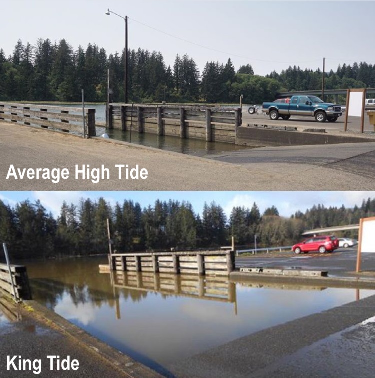 Nehalem Bay Boat Launch during an average high tide (above) and king high tide (below). Approximately 3-foot difference in tidal height.