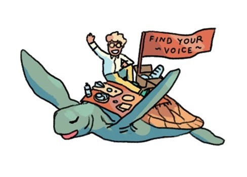 boy riding sea turtle with "find your voice" flag