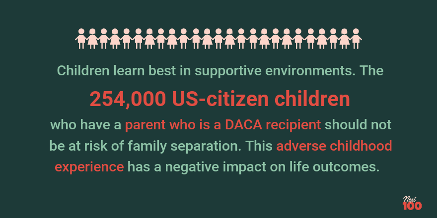Dark green background. 25 light pink outlines of children of alternating genders holding hands as a border at the top. Light green text that reads 'Children learn best in supportive environments. The 254,000 US-citizen children who have a parent who is a DACA recipient should not be at risk of family separation. This adverse childhood experience has a negative impact on life outcomes.'
