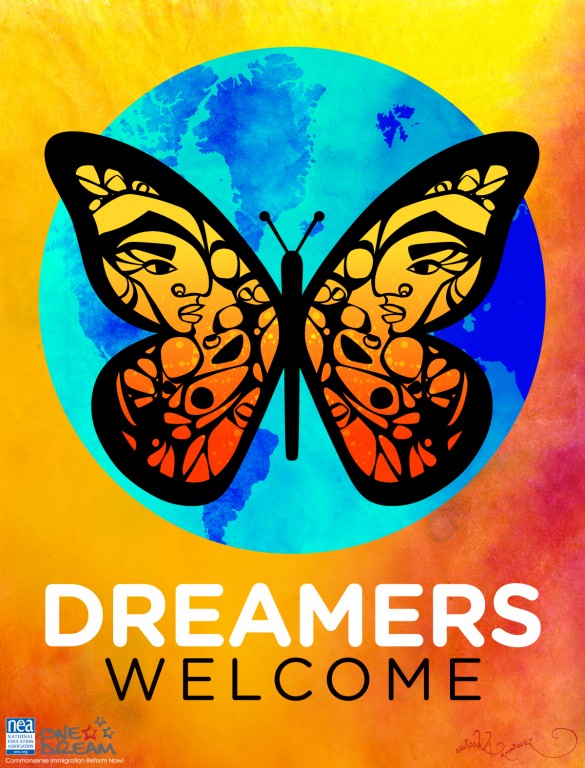 Orange background with earth in teal and dark blue ontop and a orange butterfly overlayed. text underneath rads DREAMERS in white and WELCOME in black text