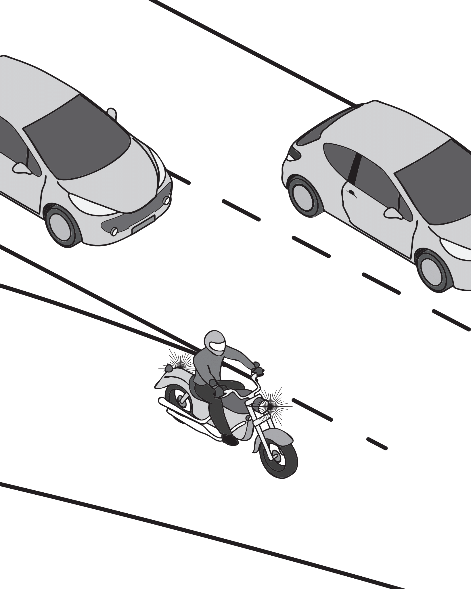 image of a mototrcycle using signals and merging onto a roadway with cars