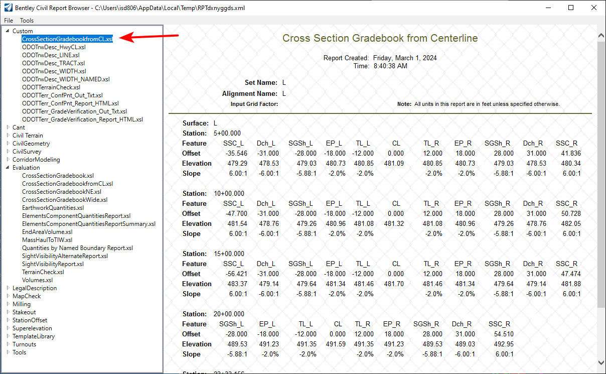 Red arrow pointing at the CrossSectionGradebookfromCL.xsl style sheet in the Custom folder of the Bentley Civil Report Browser