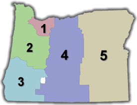 Map showing the five ODOT regions of Oregon