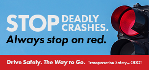 Media graphic of a red light signal - Text reads, STOP deadly crashes. Always stop on red.