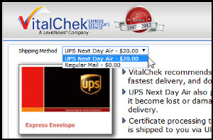 Screenshot of VitalChek shipping method options - UPS Next Day Air for $20 or Regular Mail for no added fee