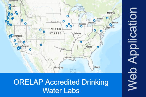 Small map of the US with points where an ORELAP accredited Drinking Water Lab can be found. Click to go to GIS map.