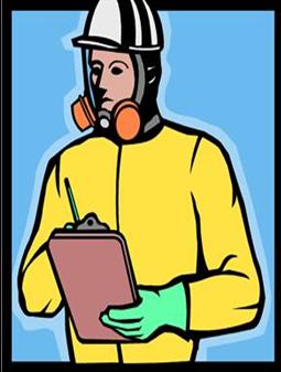 clipart image of man wearing yellow protective gear, hat and face mask while writing on a clipboard
