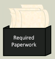 Image of papers in a box labeled Required Paperwork.