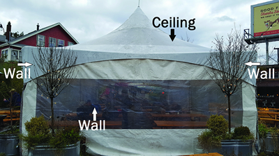 Structure that is enclosed. The area has three walls and a ceiling.