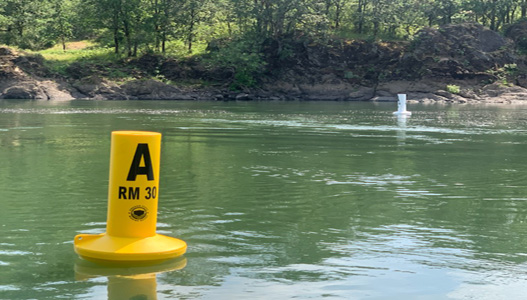Buoy markers on the Willamette River to mark different zones of towed watersport operation