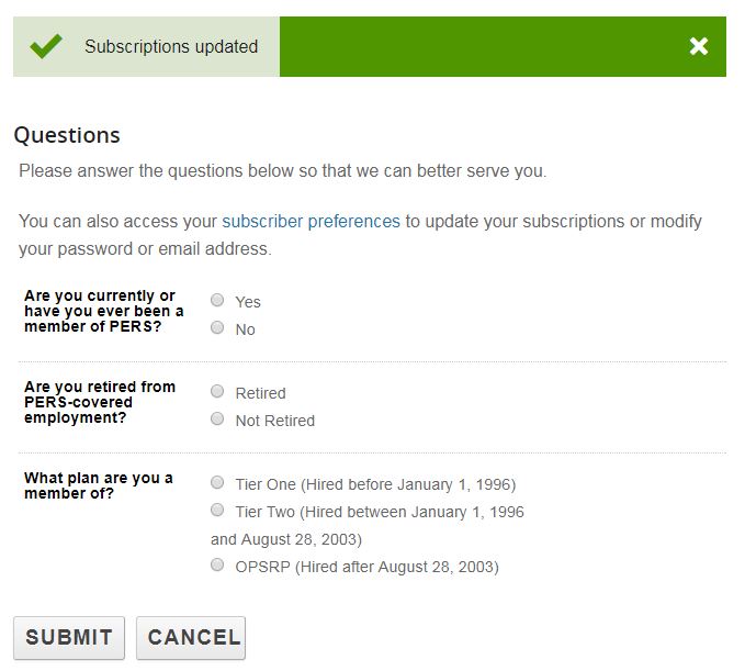 Image showing the fourth, optional step in GovDelivery. You can answer optional questions about your PERS membership.