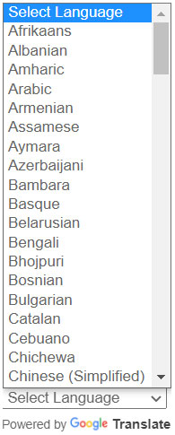 Screenshot of the language translate widget drop-down menu showing many of the language options available.