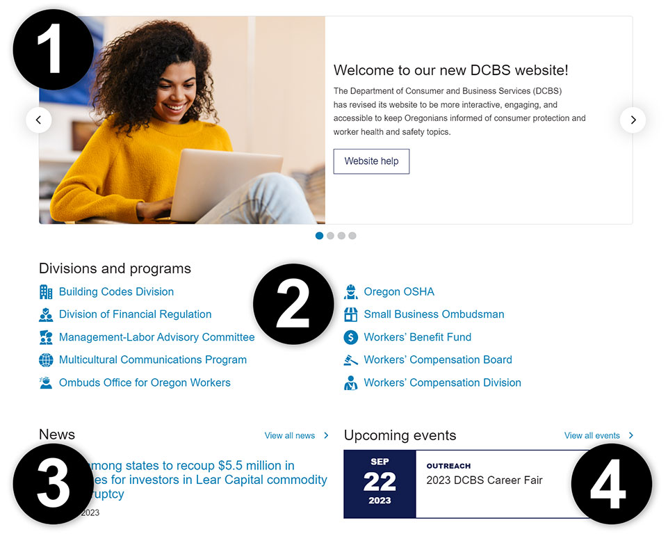 Screenshot of the redesigned DCBS homepage showing that its organized into four sections, as described on this page. The sections are labeled with numbers: 1) the announcement banner, 2) links to DCBS divisions and programs, 3) news links, and 4) upcoming events.