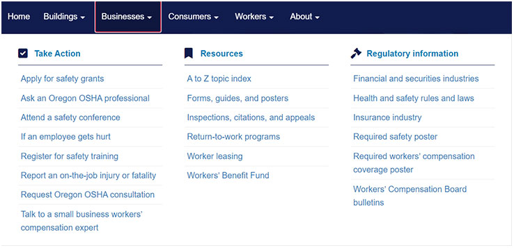 Screenshot of the Businesses submenu showing popular links grouped into Take Action, Resources, and Regulatory Information categories.
