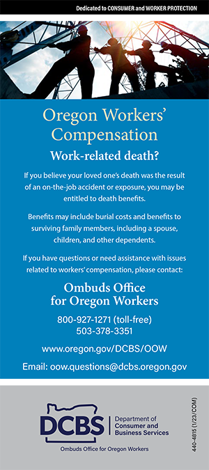 Rack card for Oregon workers’ compensation work-related death benefits