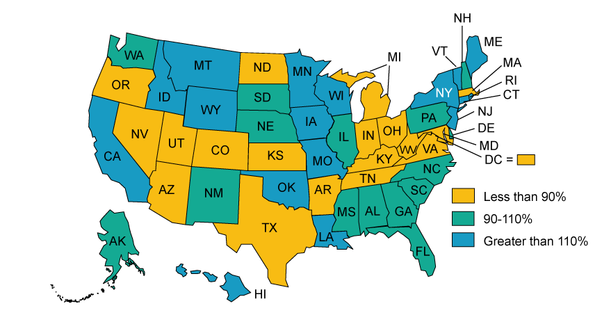 Color-coded map of the 2022 workers' compensation median ranges of premium rate ranking by state
