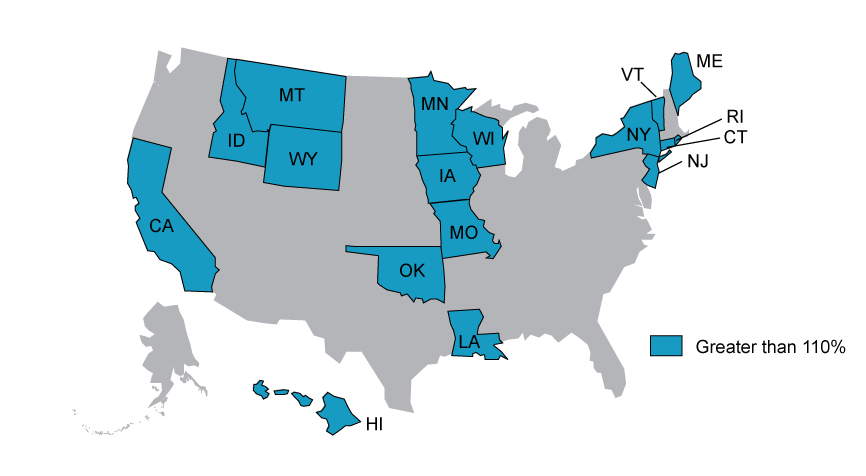 Greater than map of workers' compensation median range of premium rate ranking by state