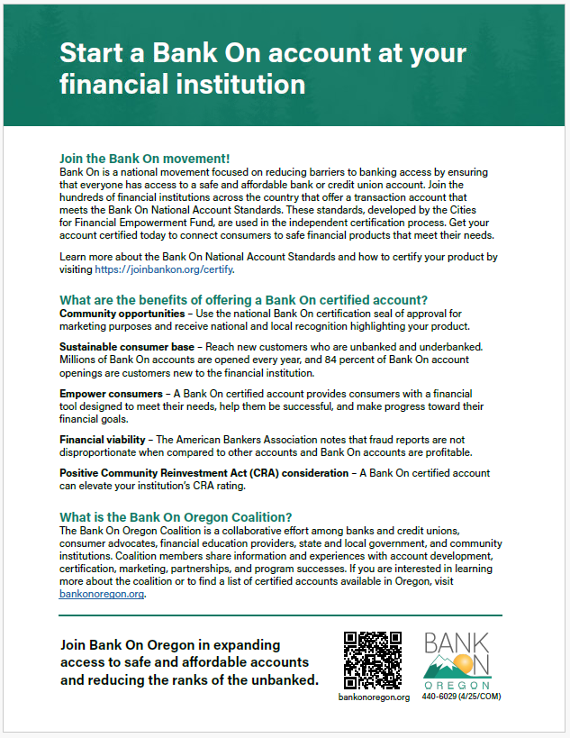 Image of brochure  cover: Start a Bank On account at your financial institution