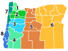 Oregon map identifying counties in seven regions