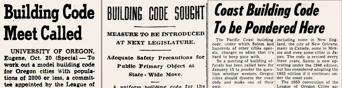 Clips of historical newspaper articles about Oregon building codes