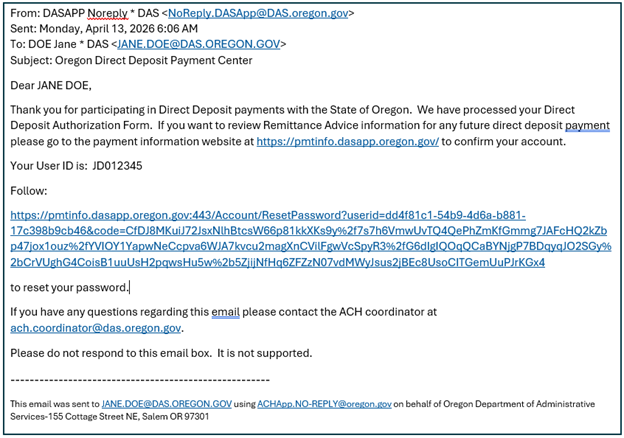 Direct Deposit website welcome email