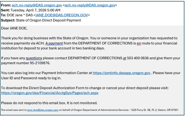 Direct Deposit Payment Notification Email