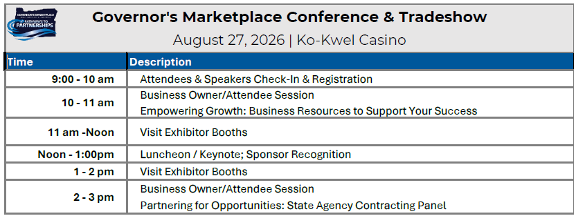 Governor's Marketplace event  schedule at a glance