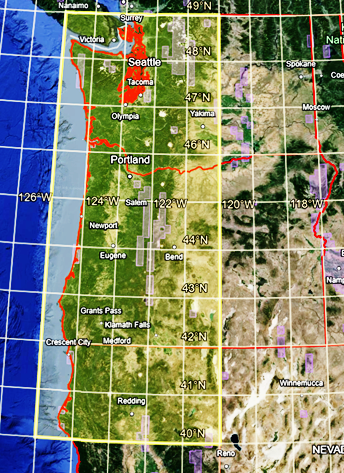 Or Vehicle Inspection Boundaries: the area  South of the US-Canada border, North of lat line 40°N, and West of long line 121 W