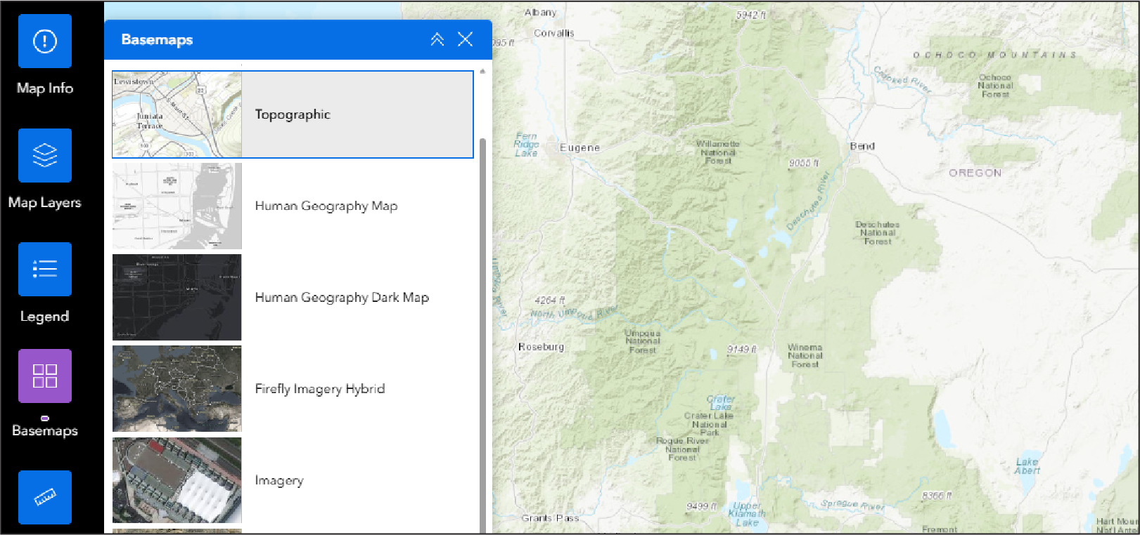 Menu of basemaps, showing topographic, human geography, and others