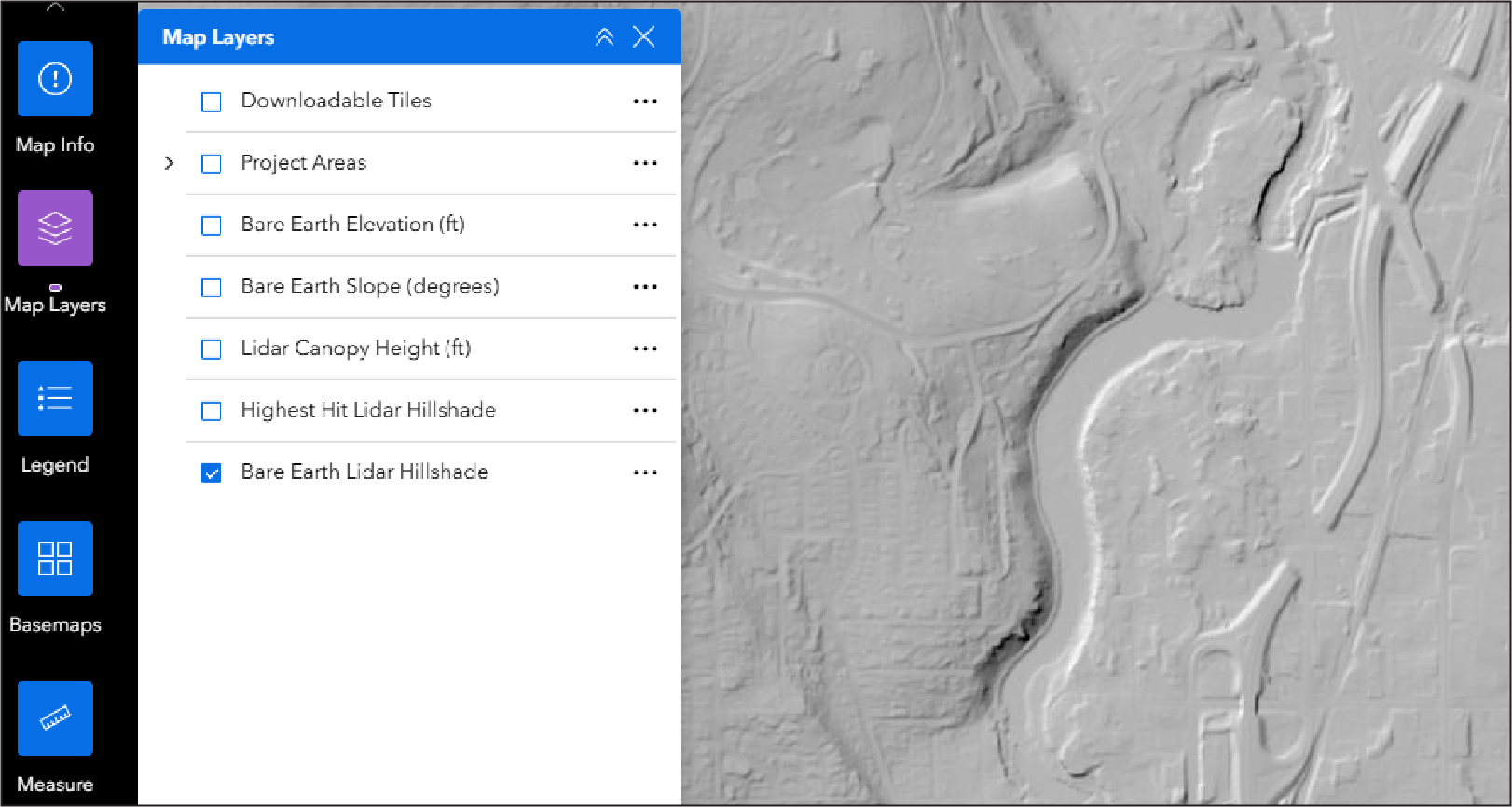 Bare earth lidar hillshade layer in map viewer