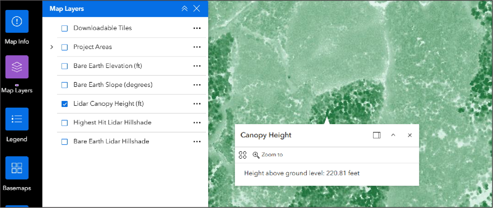 Canopy height map layer, showing increasing canopy height with darkening green