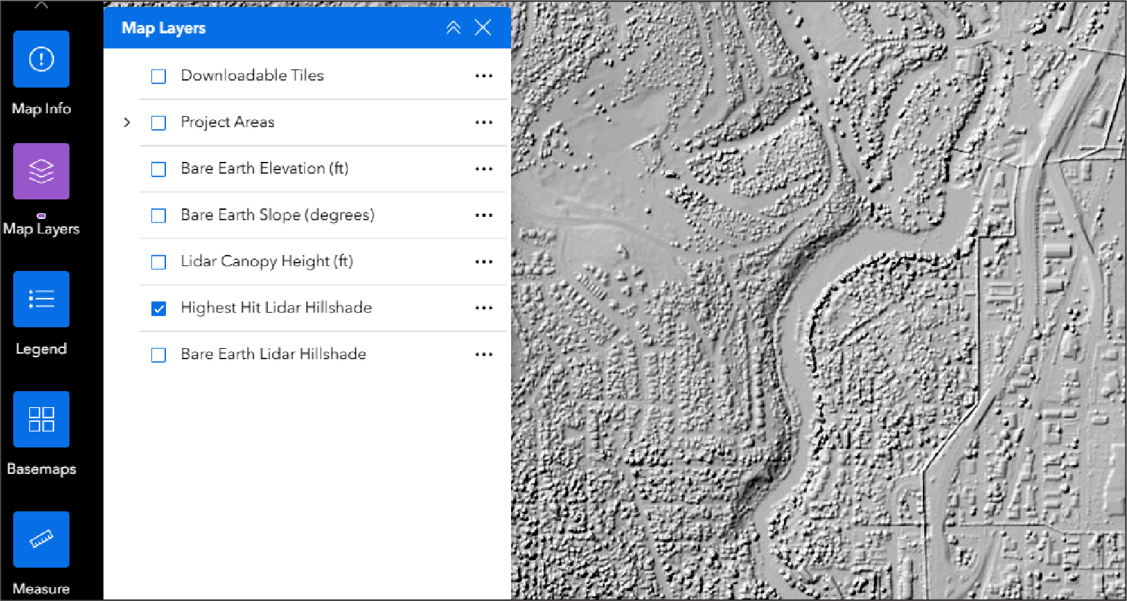 Map viewer showing the Highest Hit Lidar Hillshade layer