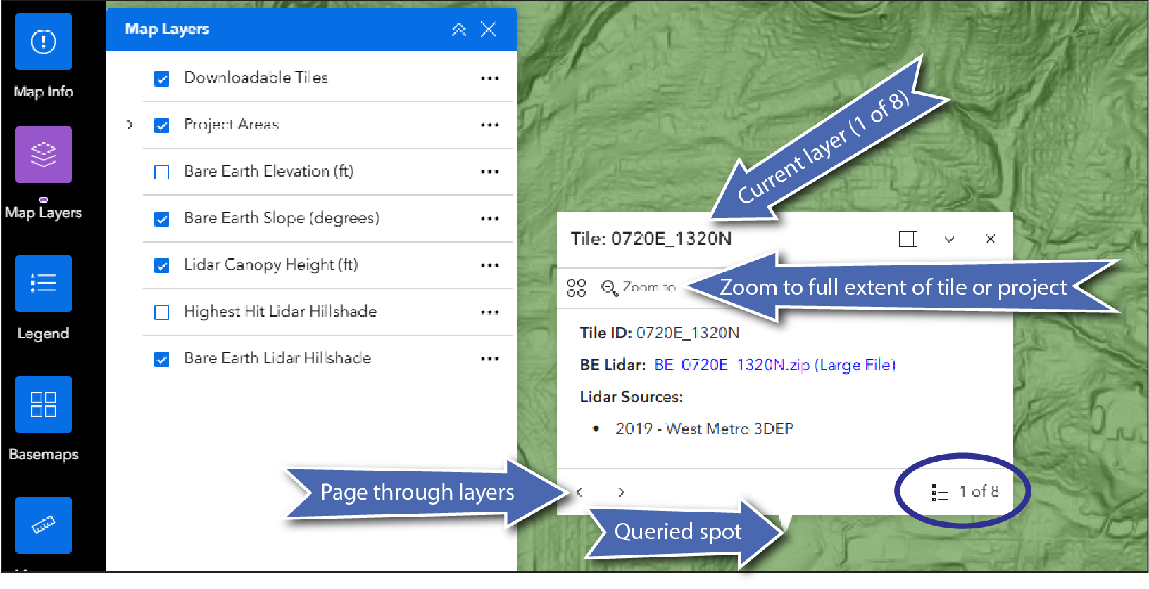 Map layers window showing how to navigate layers