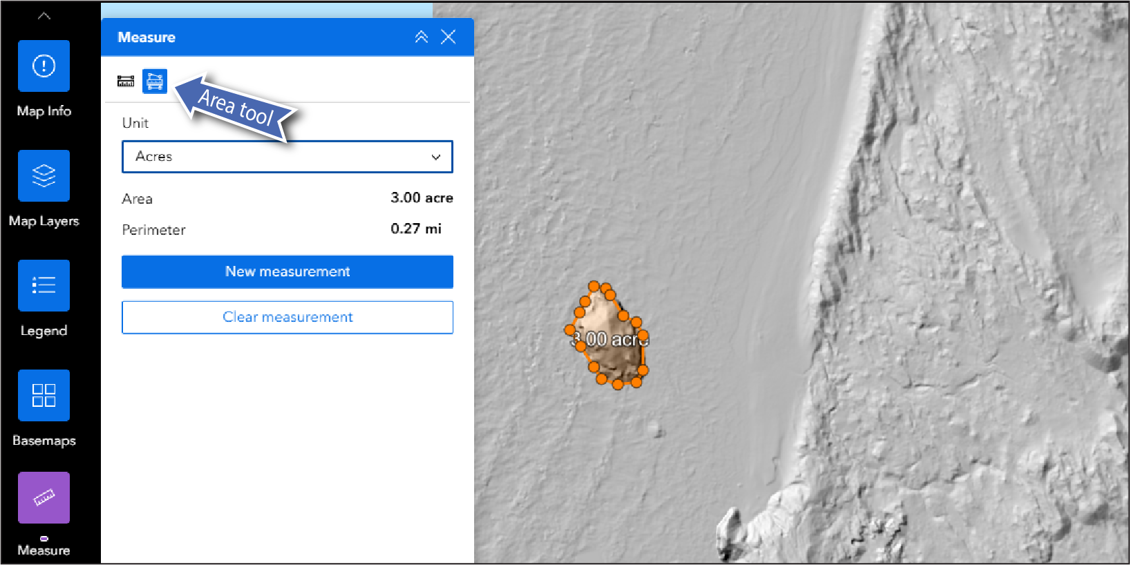 Area measurement tool showing units, area, and perimeter