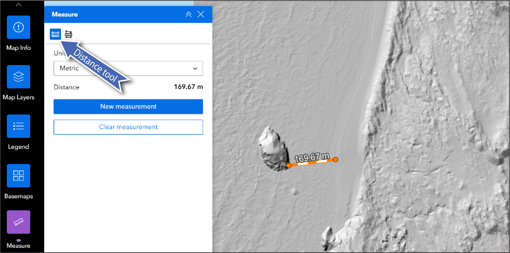 The distance tool in the upper left-hand corner of the Measure pop-up window