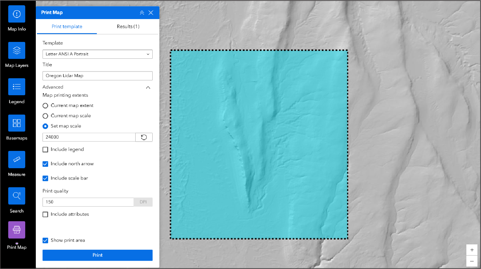 Print tool showing the area to be printed and the different print template options