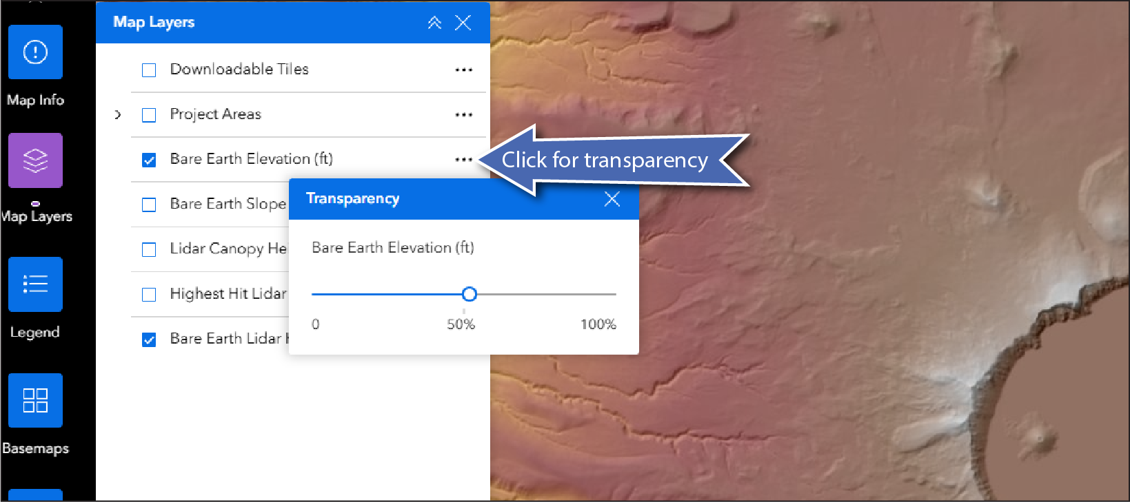 Map viewer showing how to change layer transparency