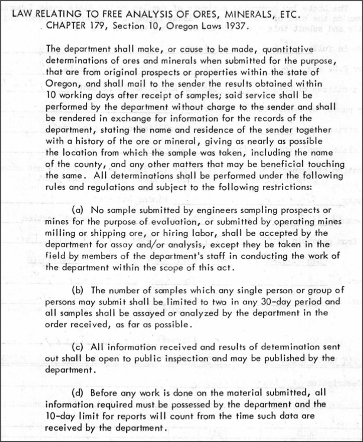 Language of the 1937 Oregon law related to the free analysis of ores, minerals, etc.