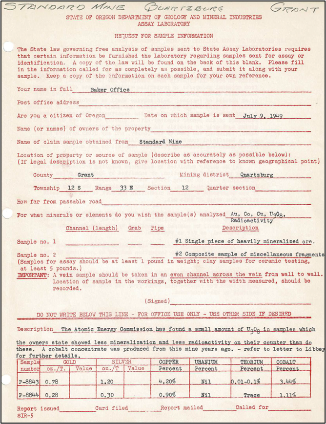 Scanned example of a DOGAMI unpublished government historical assay record
