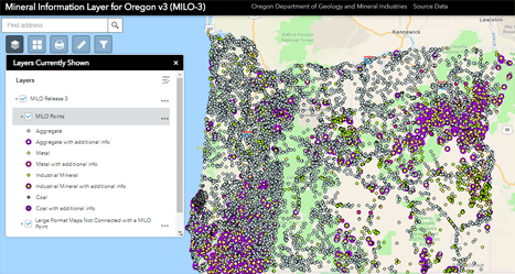 small map of Oregon showing MILO-3 data points; points color coded by type of occurrence: aggregate, coal, industrial minerals, metals.