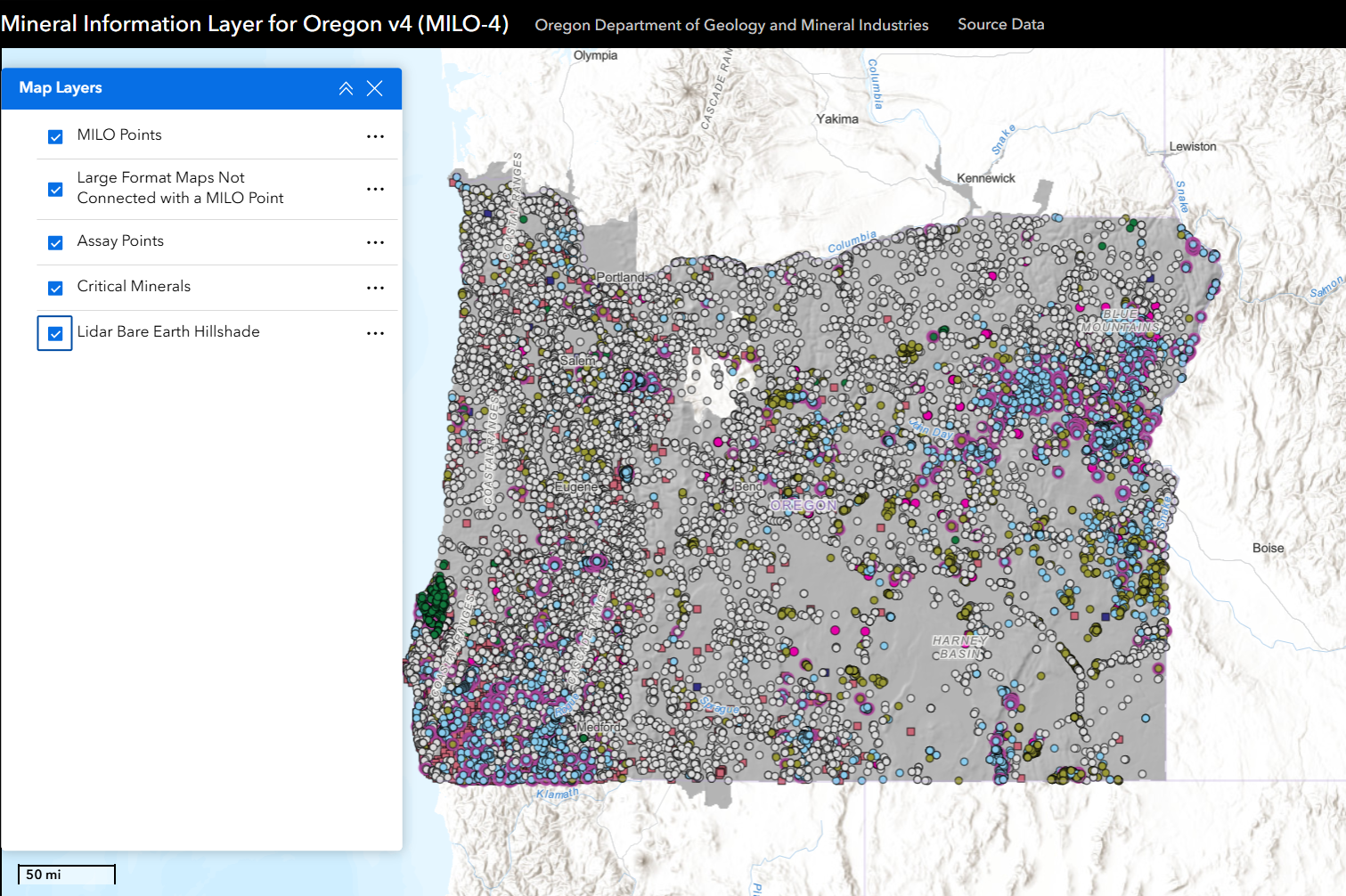 small map of Oregon showing MILO-4 data points; points color coded by type of occurrence: aggregate, coal, industrial minerals, metals.