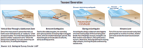 sequence of digarams showing tsunami generation