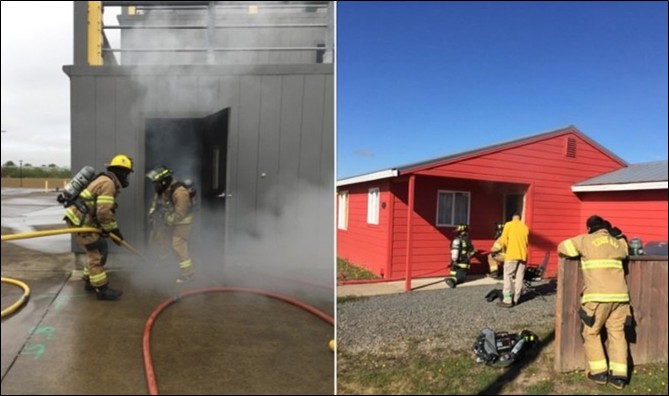 Fire Training in the Village at DPSST showing individuals training to fight fires in the Tower and village building.