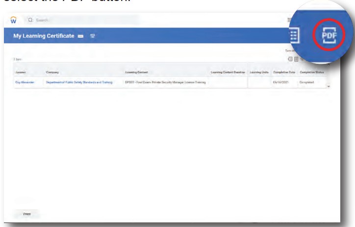 screenshot of workday my learning certificate page and PDF button on the top right of the screen