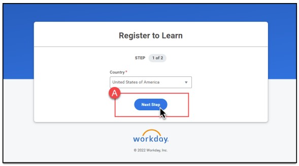 Screenshot of the workday registration page where you select your country from a drop down and then select submit underneath 