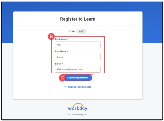 screenshot of step two of workday registeration where you enter your first and last name, email and submit