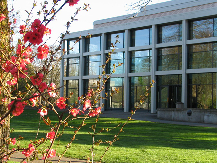 State Lands building with red flower blossoms